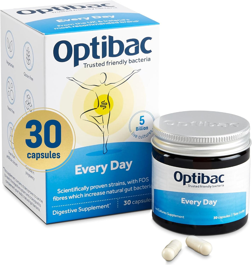 OptiBac Probiotics bottle with label promoting digestive health balance.