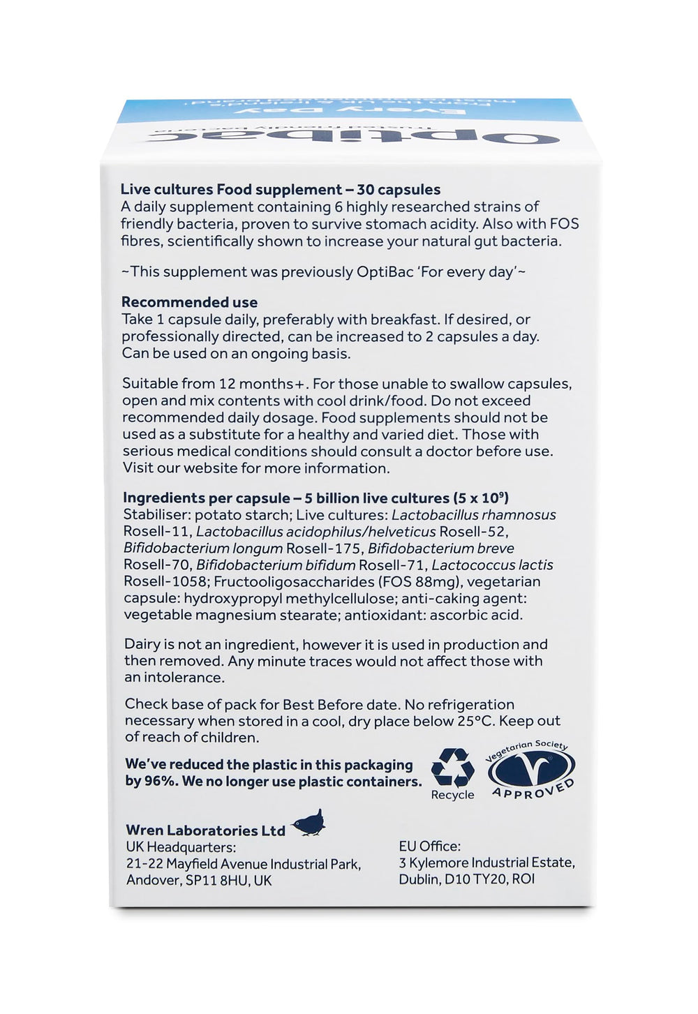 OptiBac Probiotics bottle shown with meals to support gut flora balance.