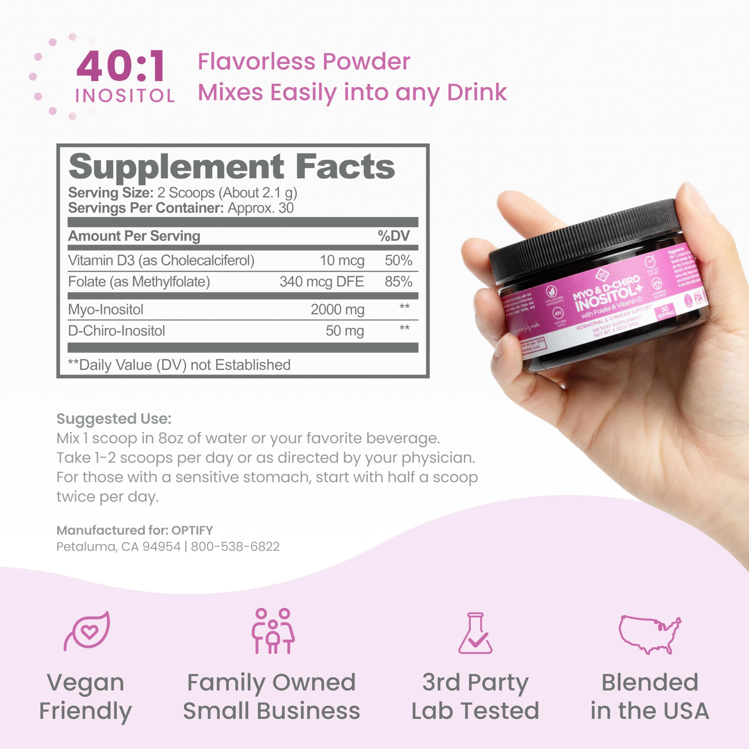Optify Inositol ingredients panel featuring folate and vitamin D.