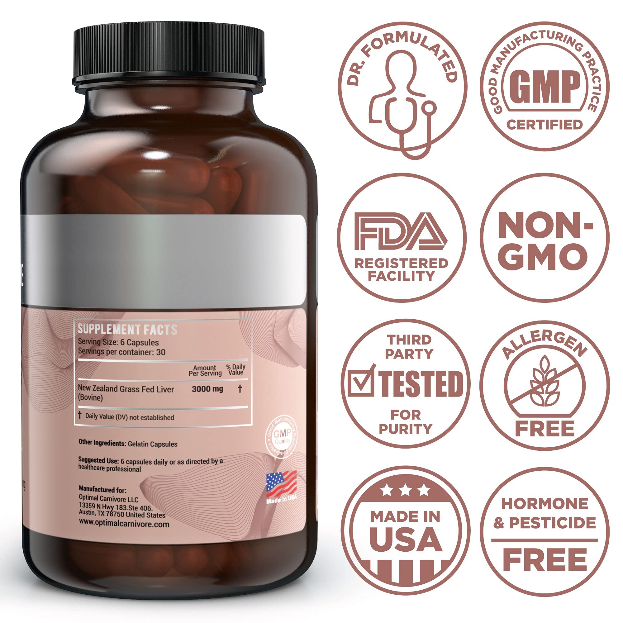 Optimal Carnivore grass-fed liver capsules on a table highlighting quality.