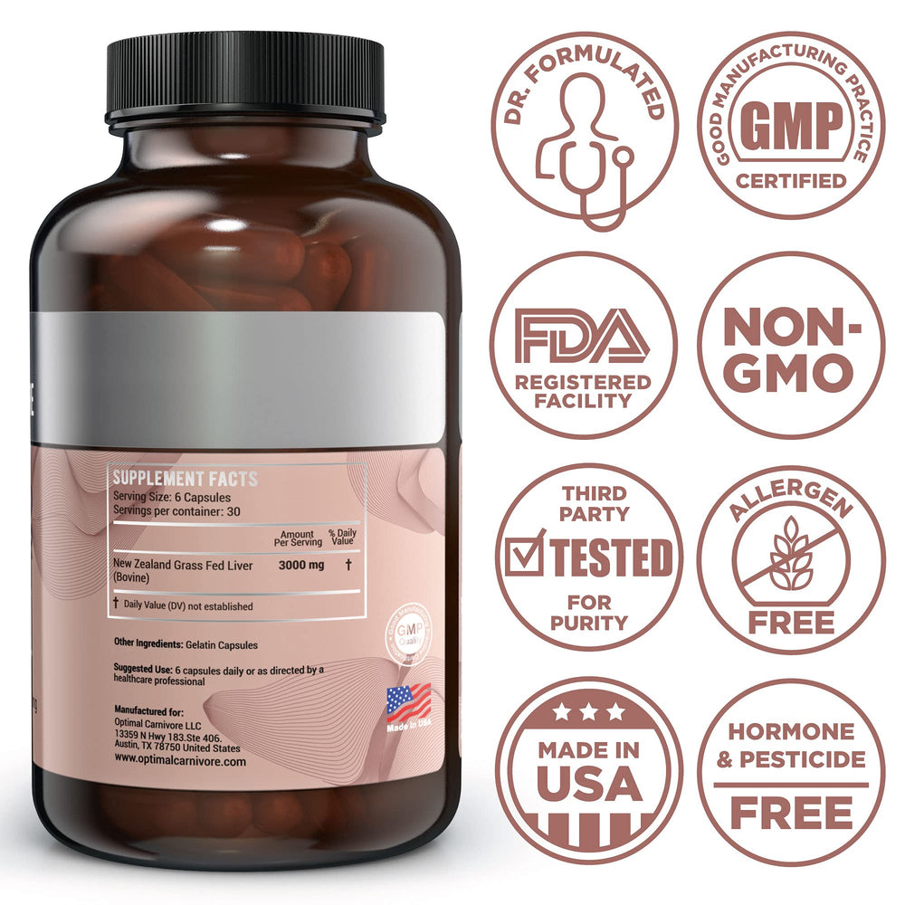 Optimal Carnivore grass-fed liver capsules on a table highlighting quality.