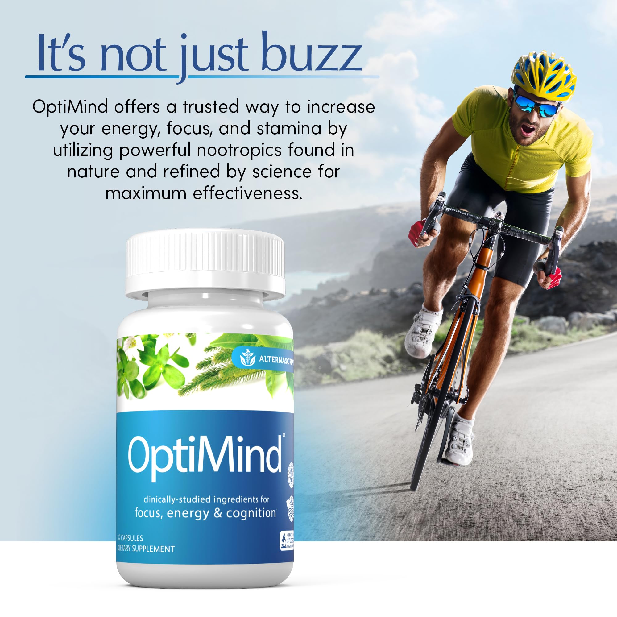 Optimind bottle with glass of water for daily use.