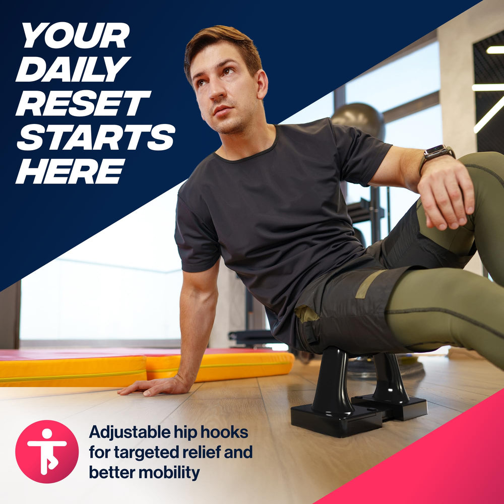 Optimized Athletics dual hooks in action for bilateral hip flexor release and relief