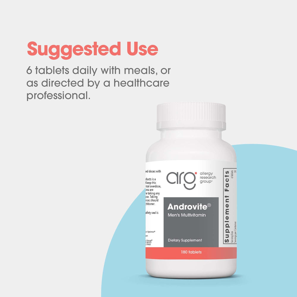Optimox Androvite for Men dosage instructions illustrate six-tablet daily serving.