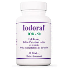 Optimox Iodoral 50 mg bottle highlights high-potency iodine for daily thyroid support.