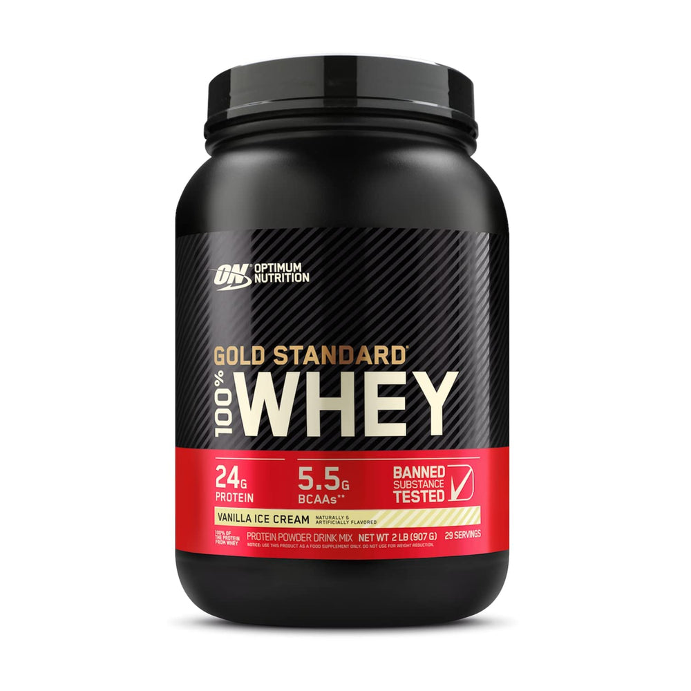 Optimum Nutrition 100% Whey Gold Standard Vanilla Ice Cream bottle for convenient protein.