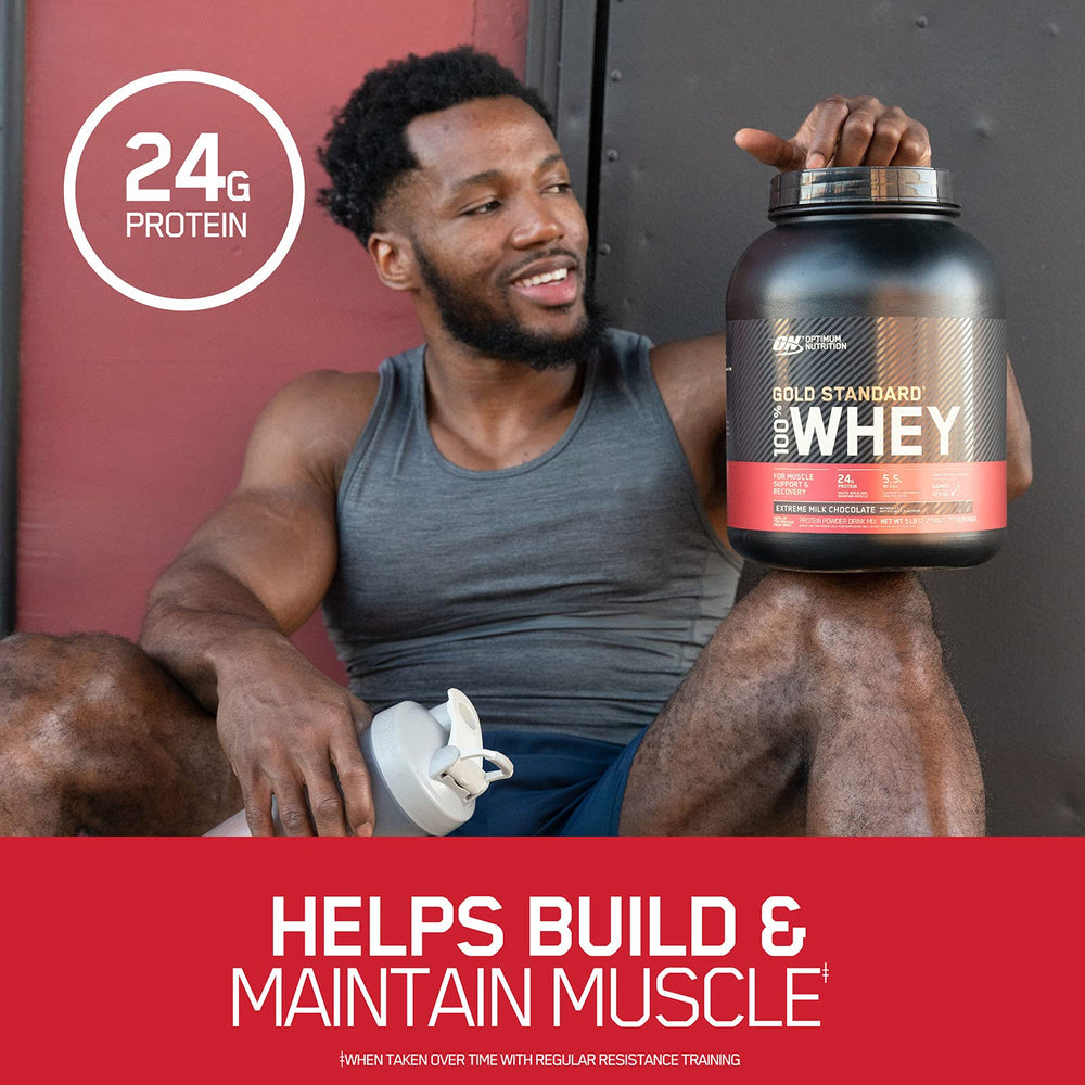 Optimum Nutrition label close-up highlighting whey protein content.