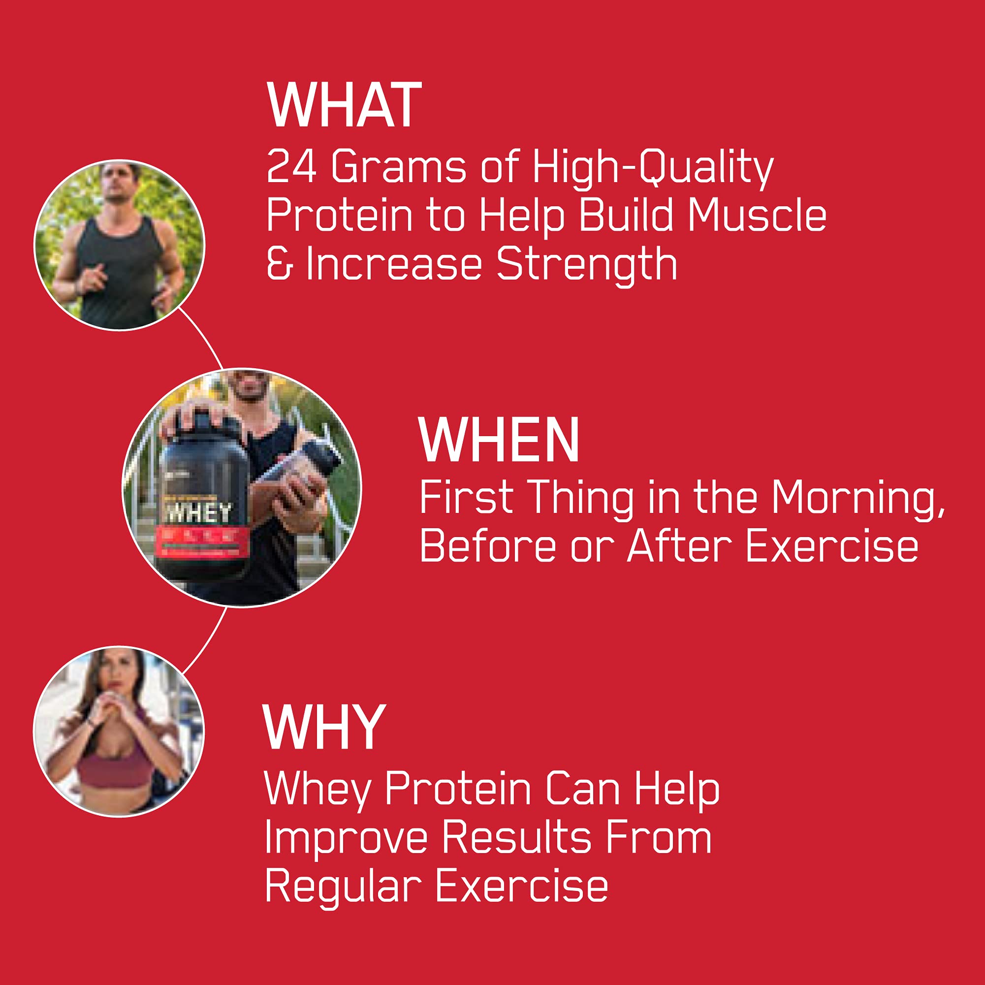 Vanilla Whey Gold Standard powder jar shown for post-workout protein.
