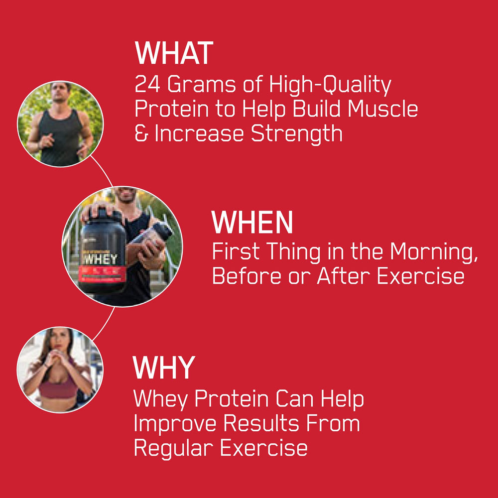 Vanilla Whey Gold Standard powder jar shown for post-workout protein.