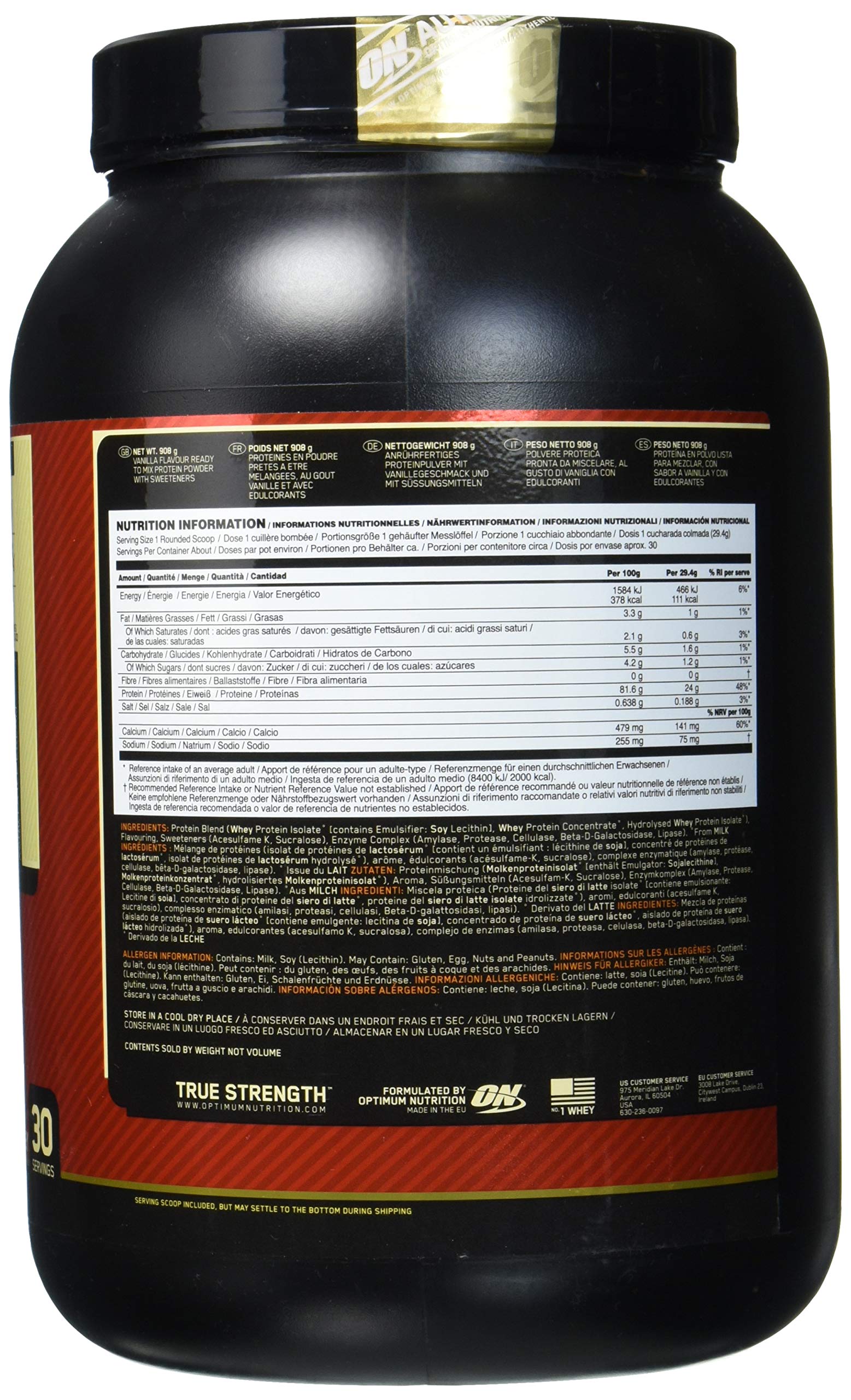 Optimum Nutrition whey powder scoop in vanilla flavor for quick shakes.