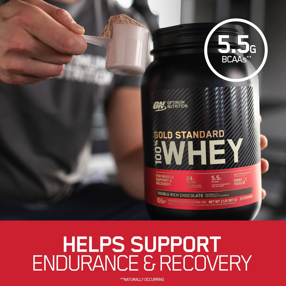 Optimum Nutrition vanilla shake in a glass.