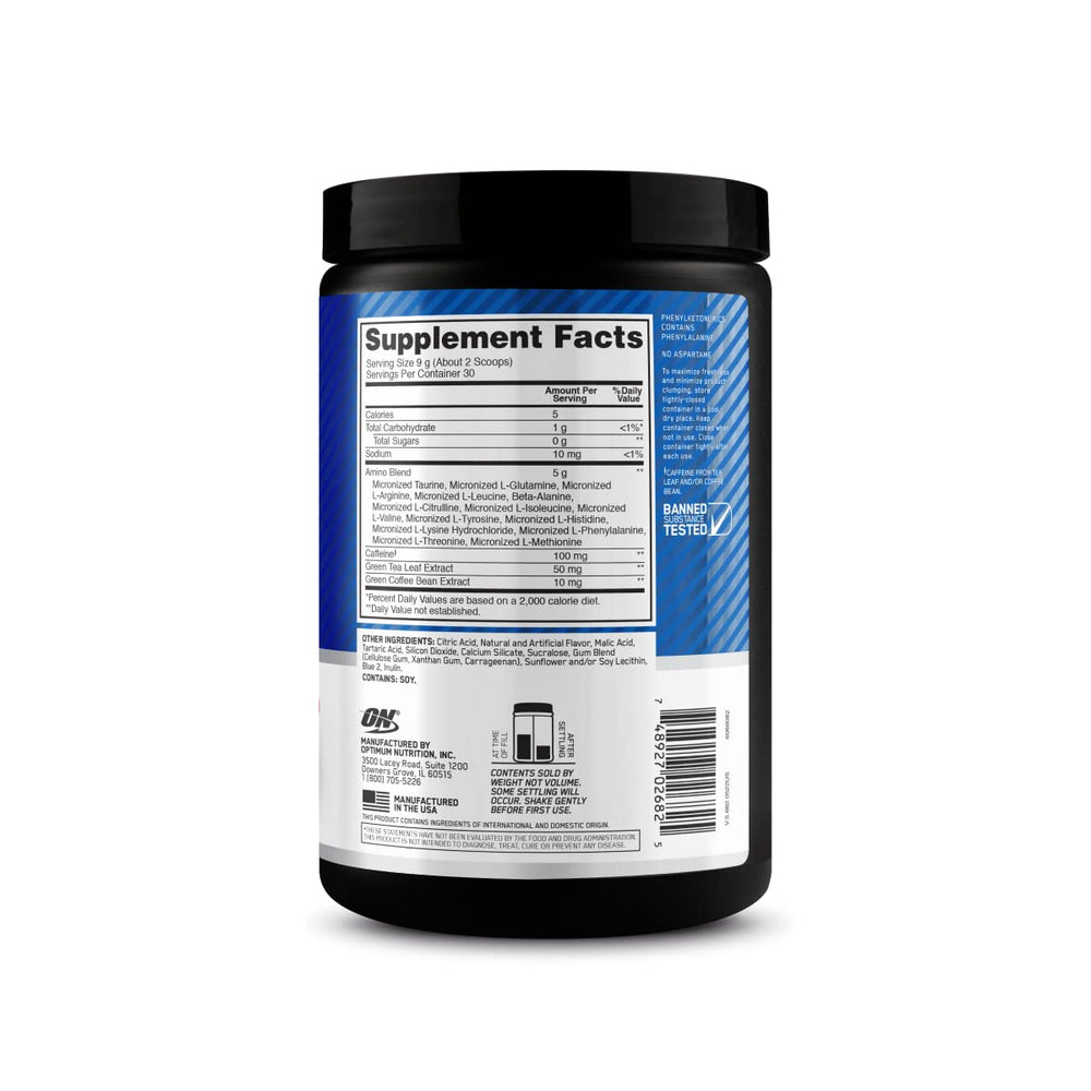 Optimum Nutrition Amino Energy blue raspberry packaging and serving option