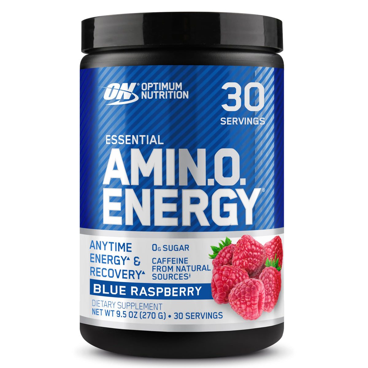 Optimum Nutrition Amino Energy blue raspberry powder ready for a pre-workout energy boost
