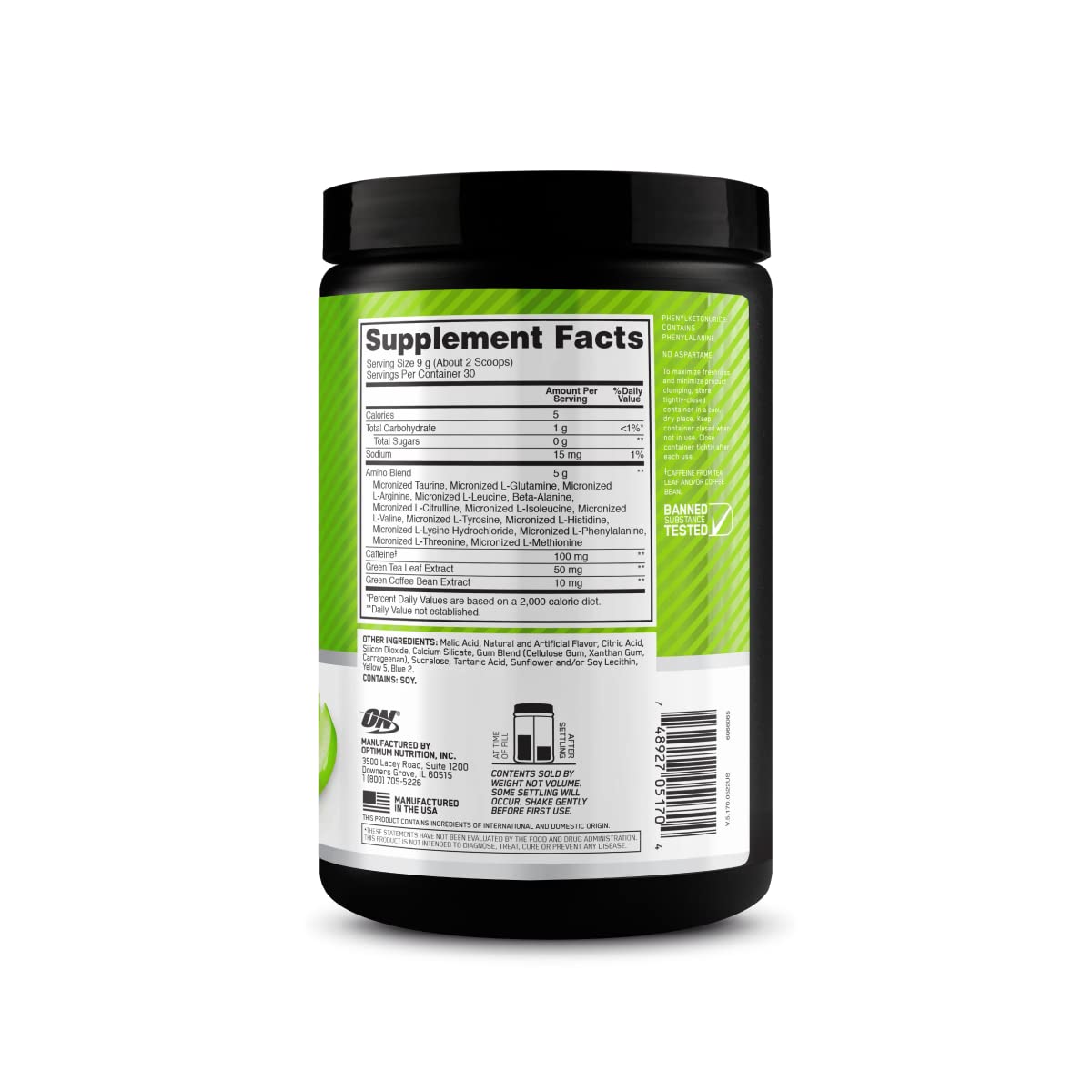 Optimum Nutrition Amino Energy label view emphasizes 30 servings per container.