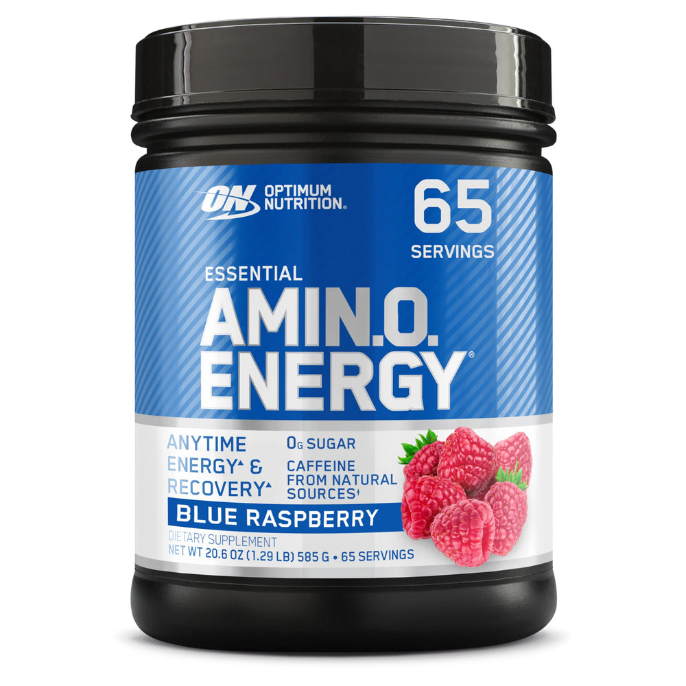 Optimum Nutrition Amino Energy blue raspberry powder in labeled tub for pre-workout use