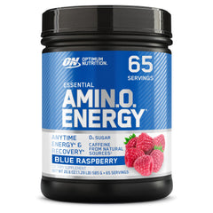 Optimum Nutrition Amino Energy blue raspberry powder in labeled tub for pre-workout use
