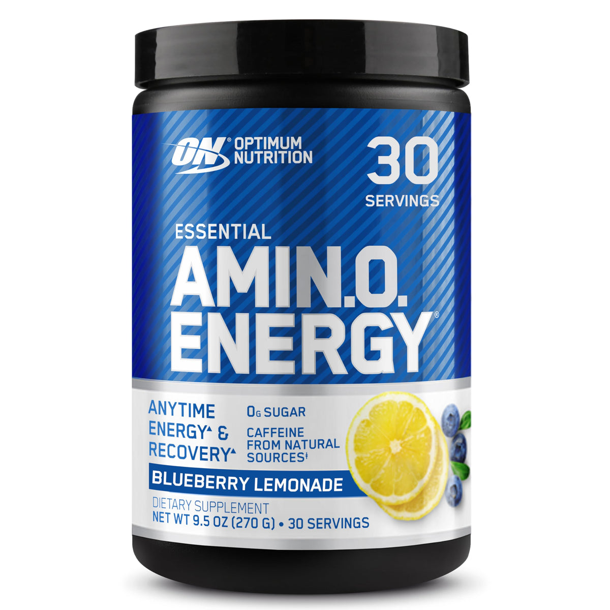 Optimum Nutrition Amino Energy blueberry lemonade bottle; refreshing flavor and energizing blend for daytime use