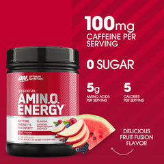 Optimum Nutrition Amino Energy bottle with scoop ready for a quick pre-workout mix.