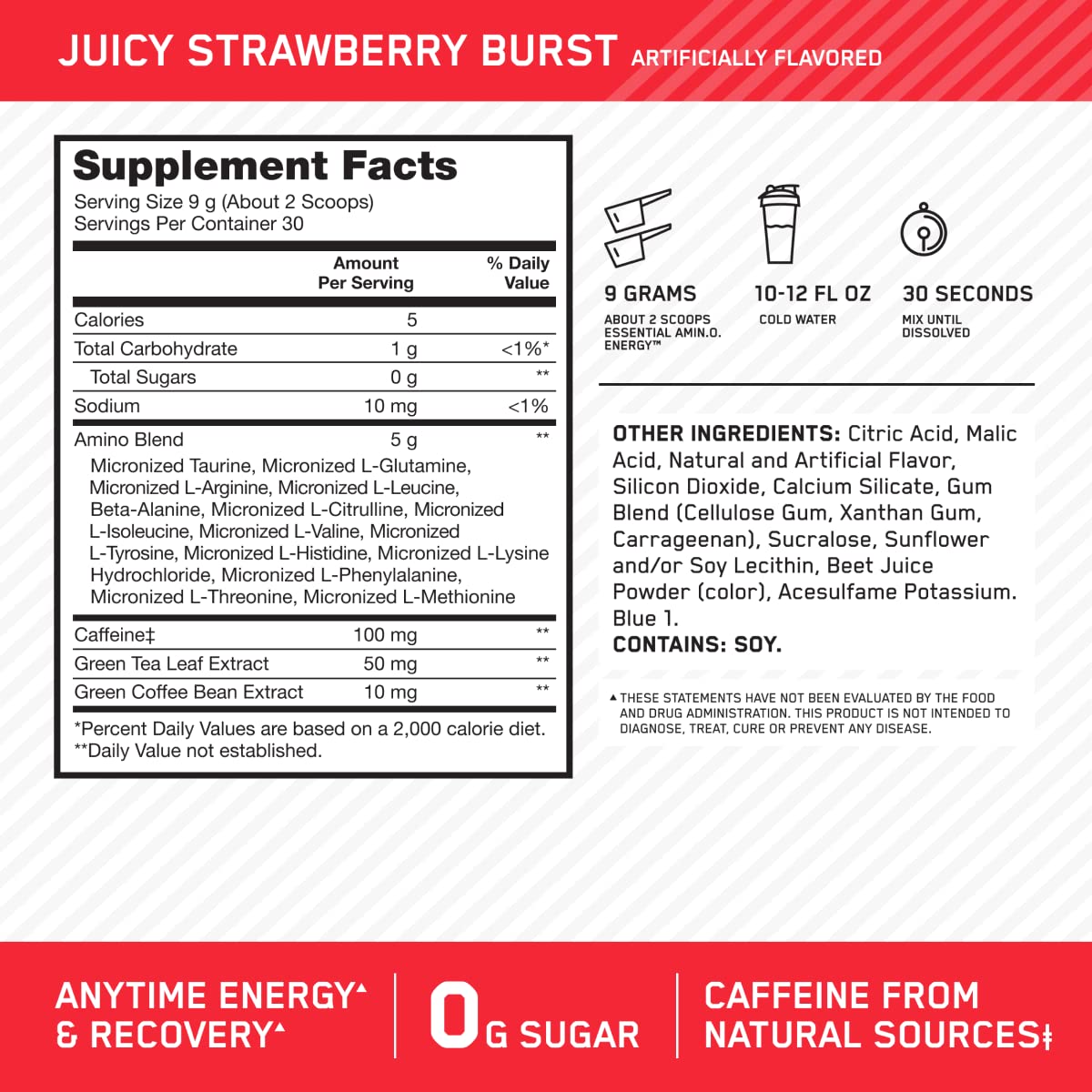 Optimum Nutrition Amino Energy caffeine boost visual emphasizing energy lift.