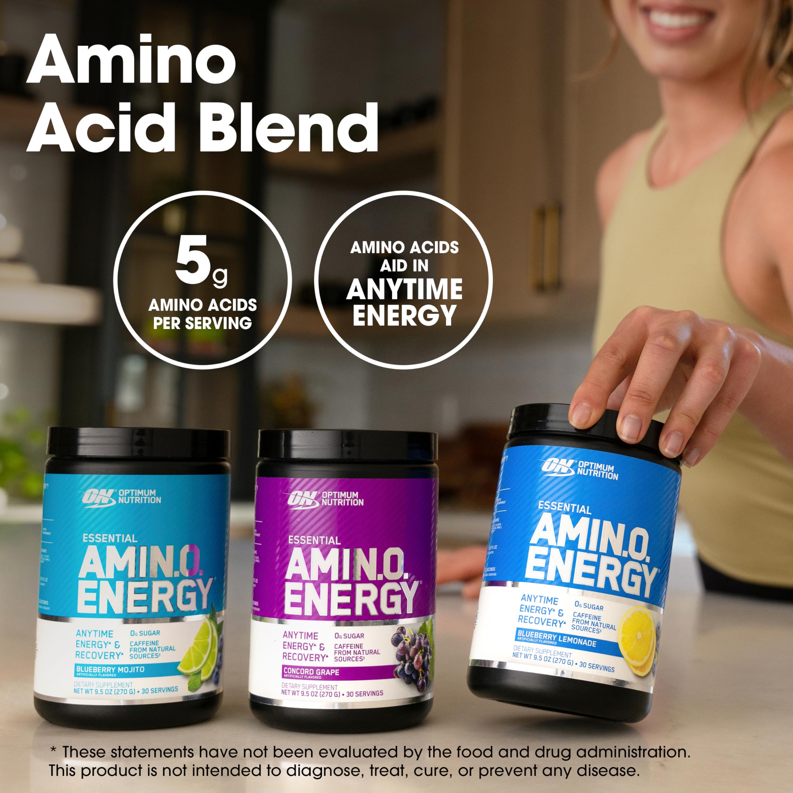 Optimum Nutrition Amino Energy Concord Grape bottle on gym bench