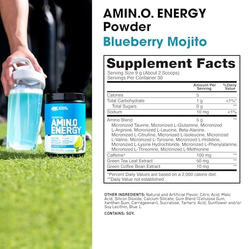 Optimum Nutrition Amino Energy glass-mixed-drink; delivers sustained energy and focus.