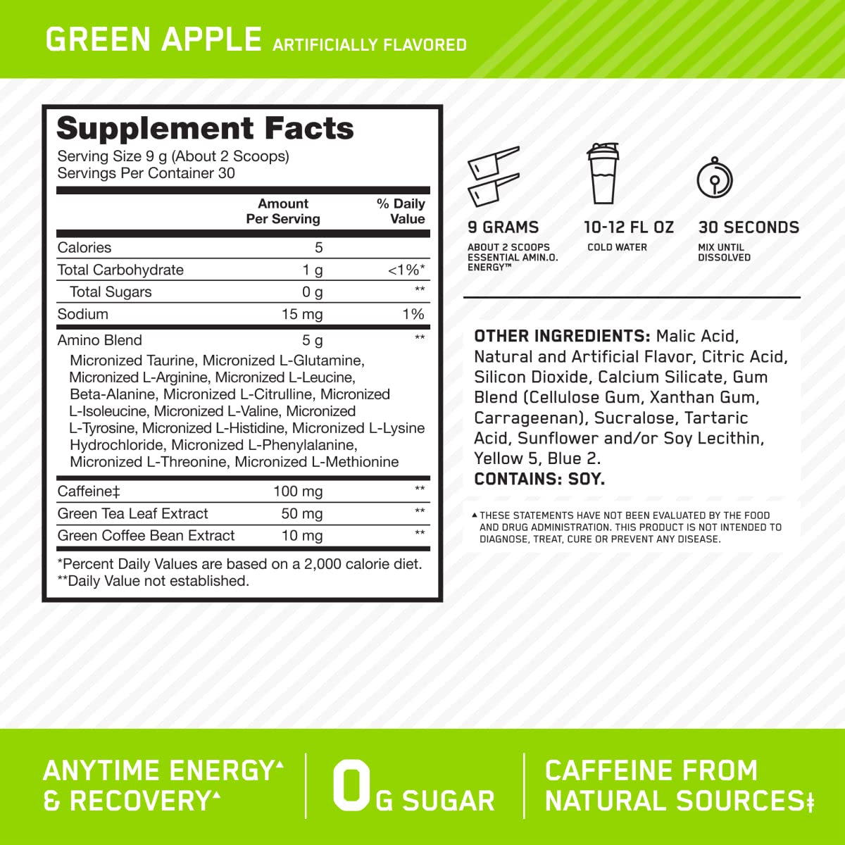 Optimum Nutrition Amino Energy mixed in water delivers refreshing green apple flavor.