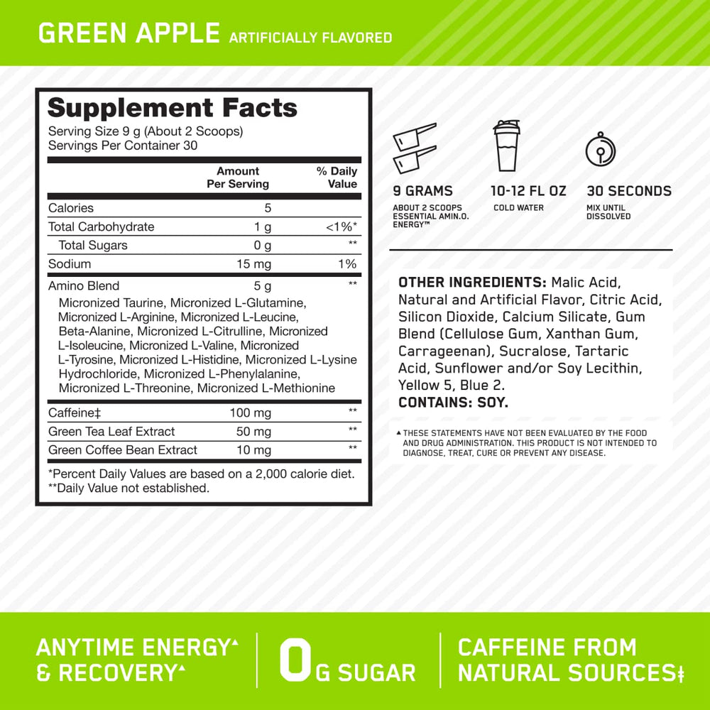 Optimum Nutrition Amino Energy mixed in water delivers refreshing green apple flavor.