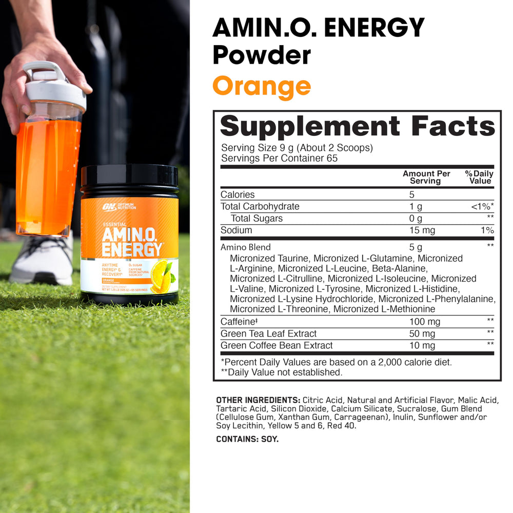 Close-up of Optimum Nutrition Amino Energy green tea caffeine blend