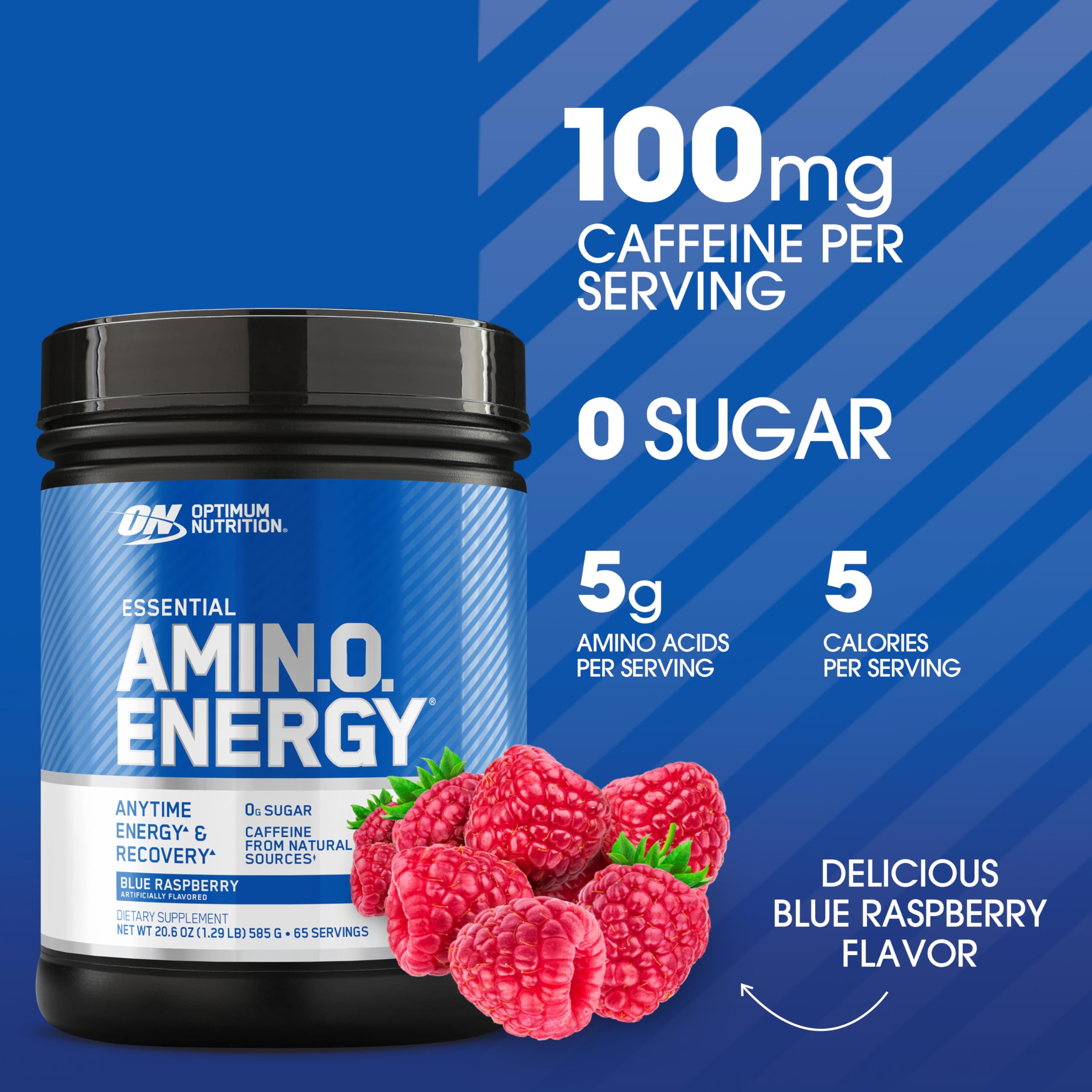 Close-up of Amino Energy ingredient panel highlighting amino acids and caffeine sources