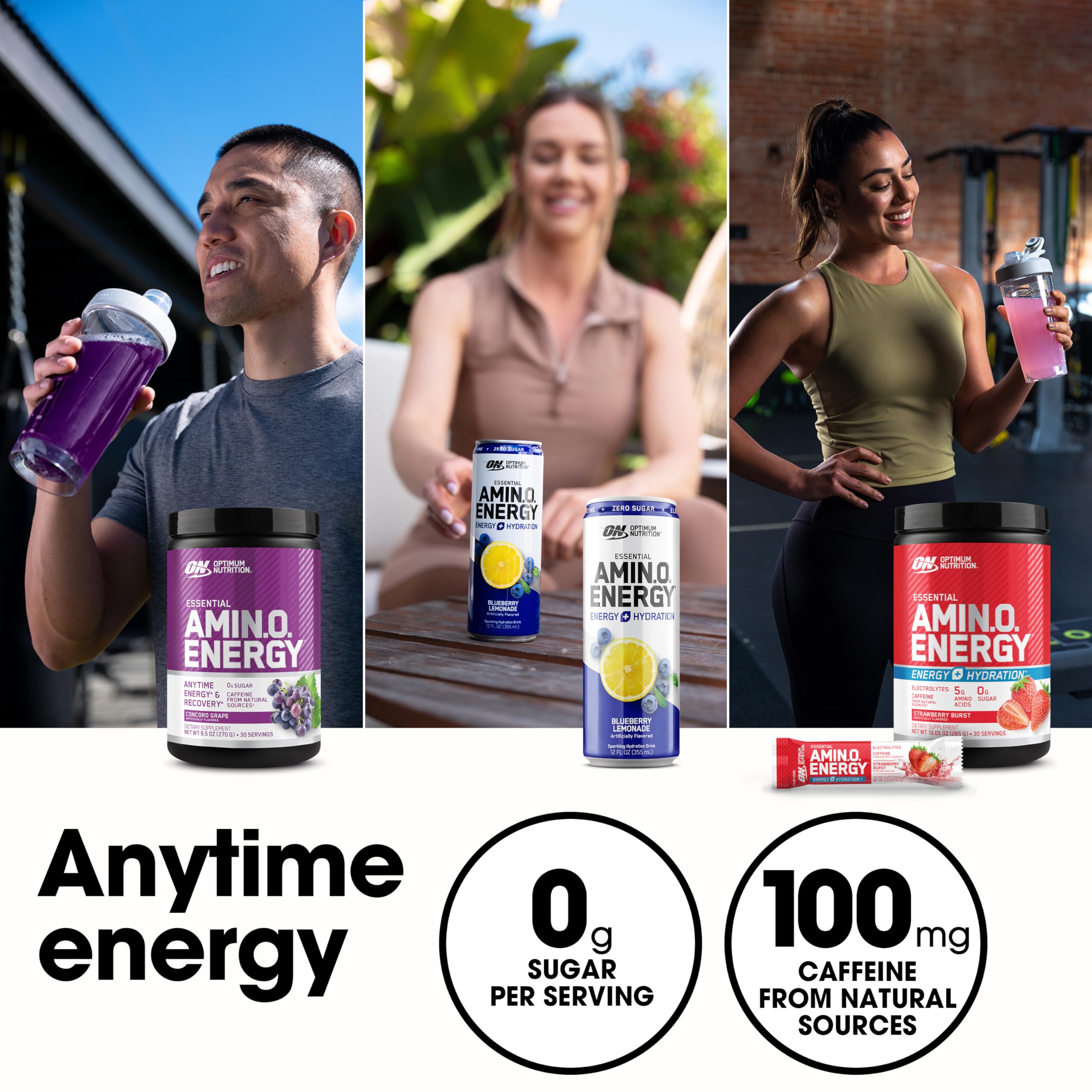 Optimum Nutrition Amino Energy keto-friendly badge shown on packaging.