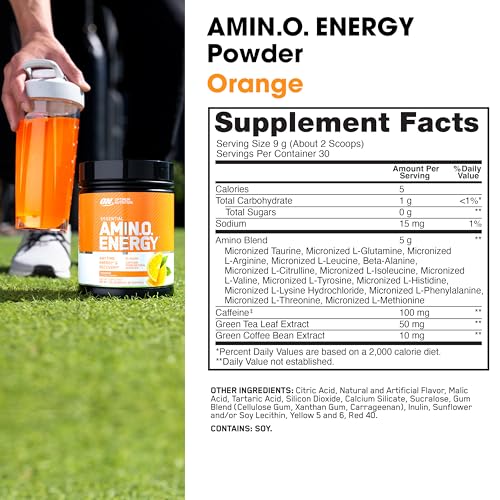 Optimum Nutrition Amino Energy orange cooler tub variant showcases flavor option.