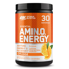 Optimum Nutrition Amino Energy orange cooler tub, caffeine lift for workouts.