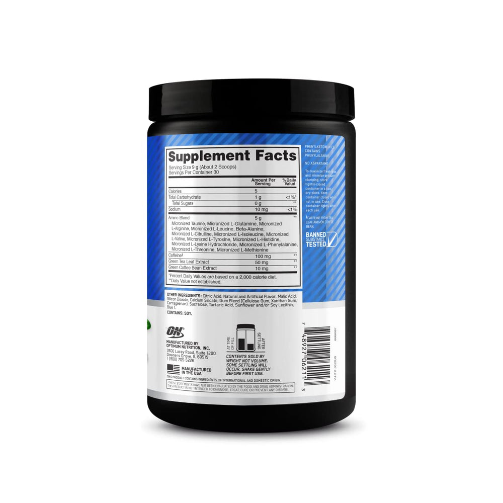 Amino Energy powder being dispensed; simple preparation for on-the-go use