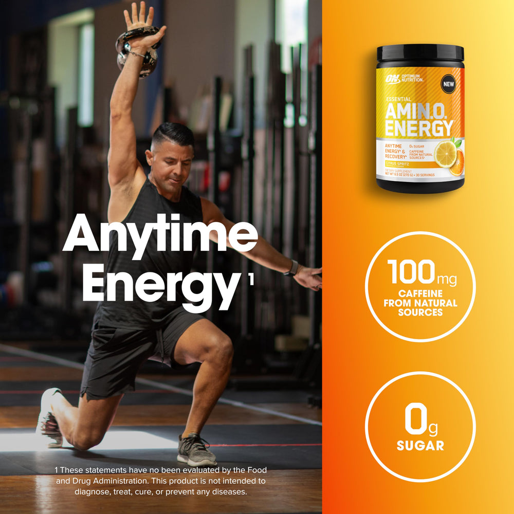 Optimum Nutrition Amino Energy bottle with flavor panel on the label