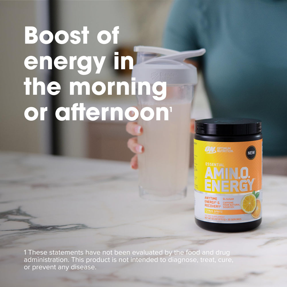 Optimum Nutrition Amino Energy tub placed in a gym setting