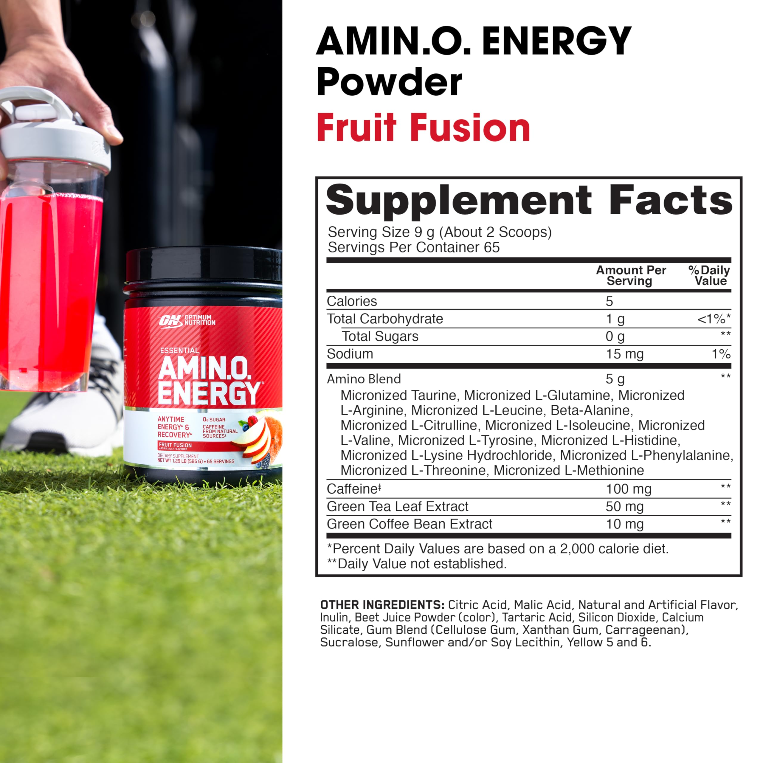 Optimum Nutrition Amino Energy prepared drink highlights Fruit Fusion flavor and energy lift.