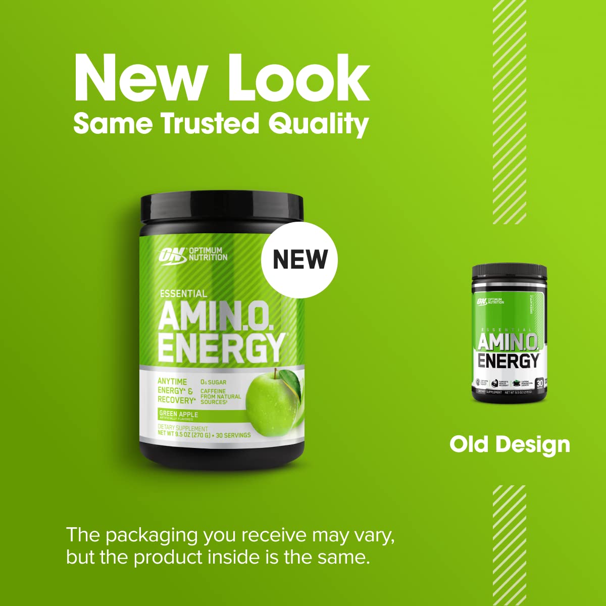 Optimum Nutrition Amino Energy scoop beside tub highlights easy dosing.