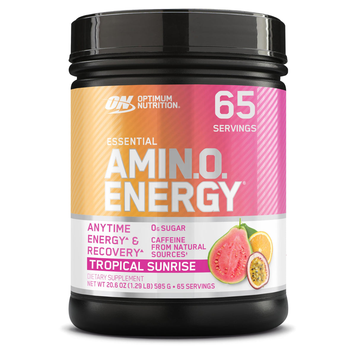 Optimum Nutrition Amino Energy Tropical Sunrise bottle for a refreshing pre-workout boost and focus.