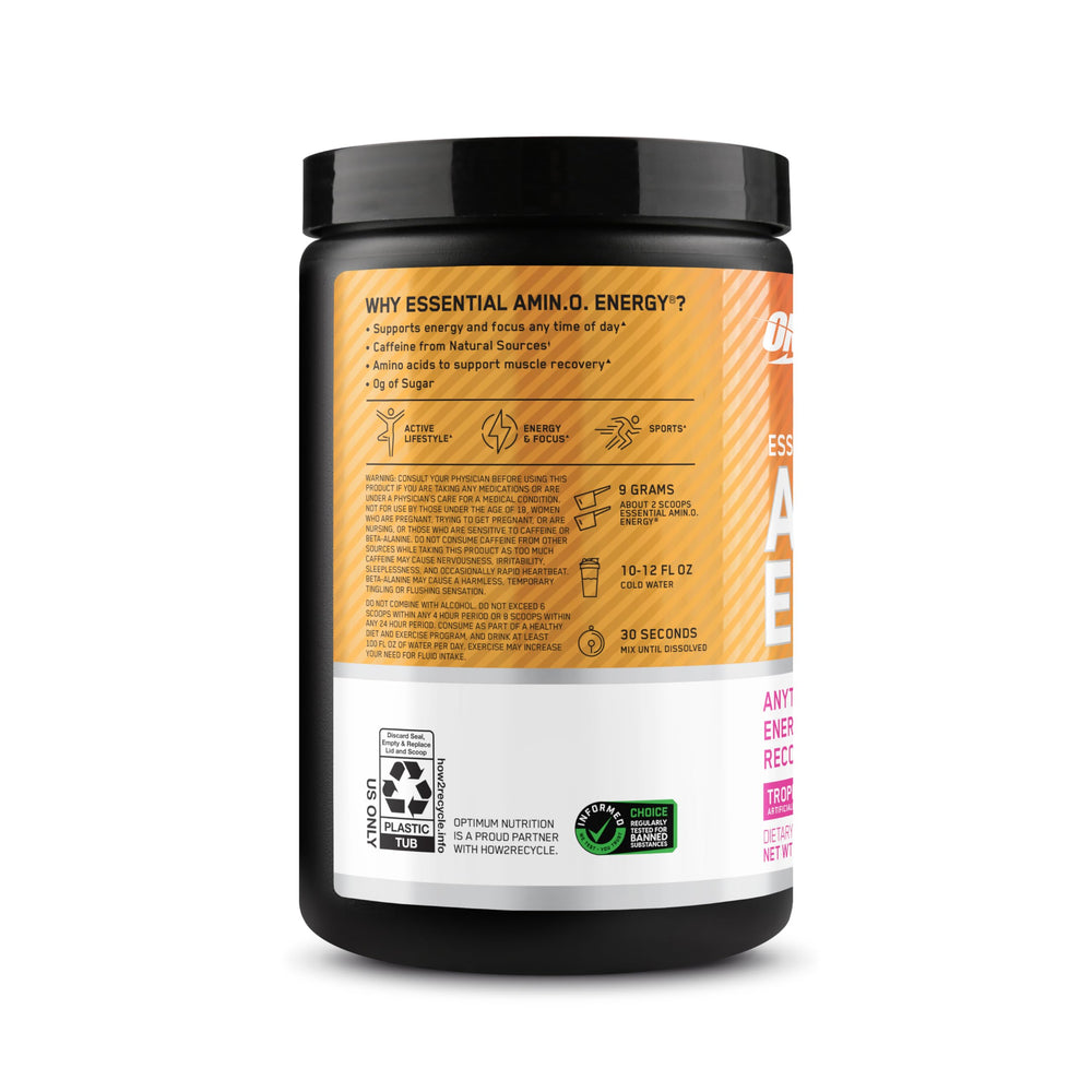 Optimum Nutrition Amino Energy Tropical Sunrise mixed in a glass for refreshment.