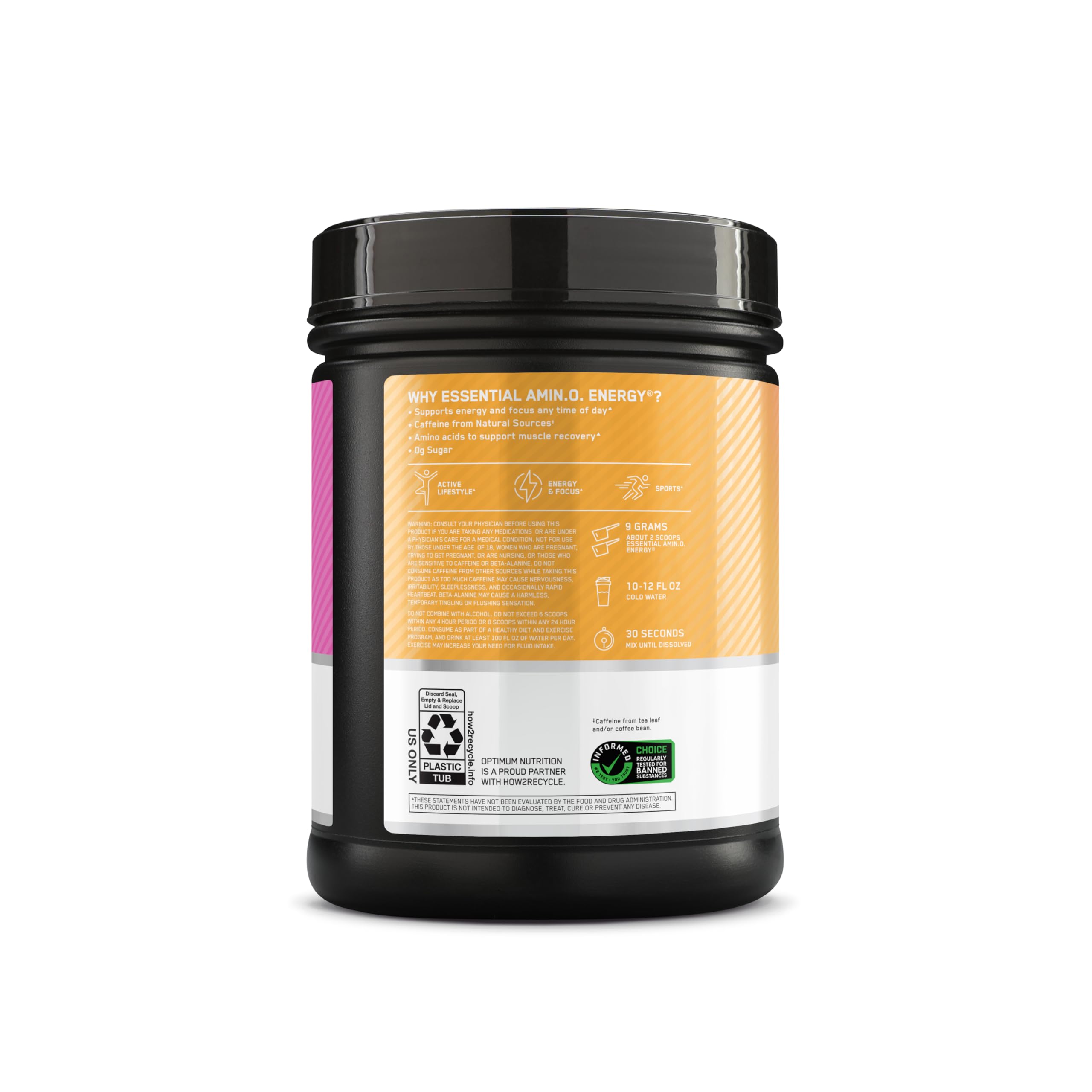 Close-up of the Optimum Nutrition Amino Energy Tropical Sunrise label highlighting ingredients.