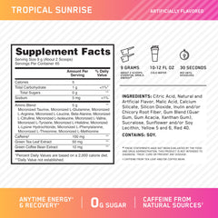 A Amino Energy Tropical Sunrise scoop measuring powder for pre-workout dosing.