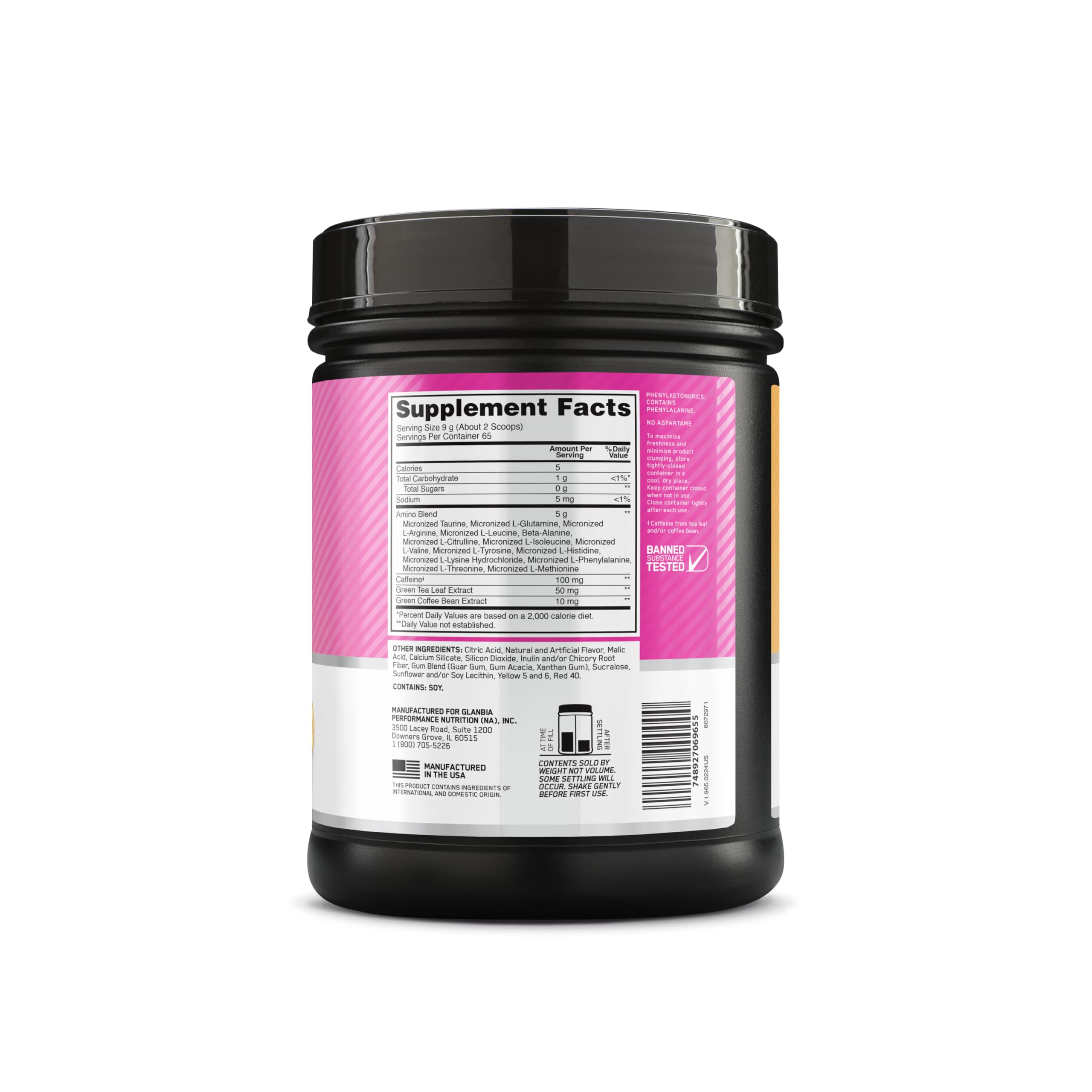 Spoon beside the Optimum Nutrition Amino Energy Tropical Sunrise canister for quick dosing.