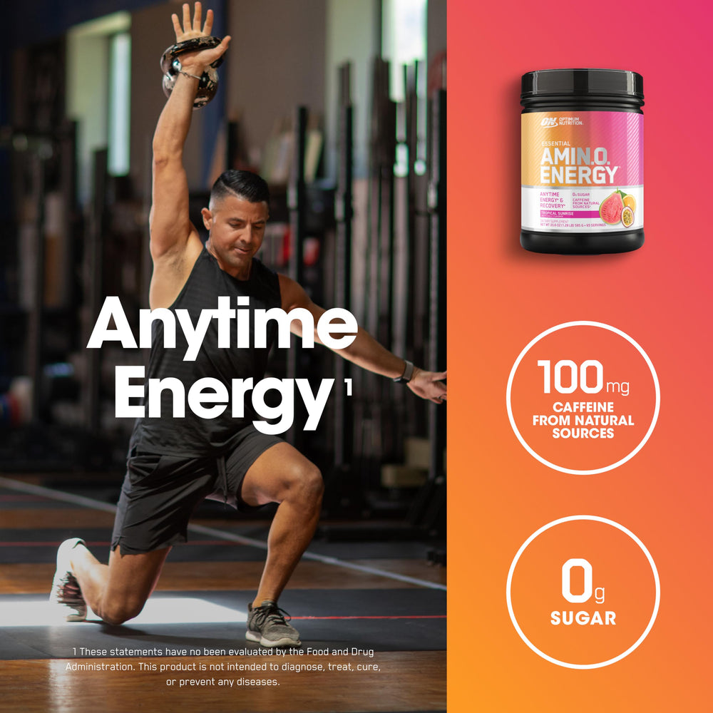 Tub label of Optimum Nutrition Amino Energy Tropical Sunrise showing flavor and servings.