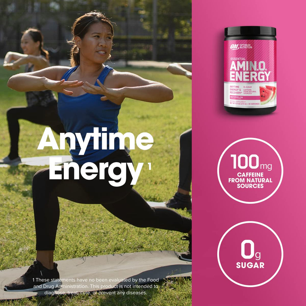 Optimum Nutrition Amino Energy Watermelon scoop and tub demonstrates quick mix for pre-workout