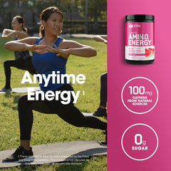 Optimum Nutrition Amino Energy Watermelon scoop and tub demonstrates quick mix for pre-workout