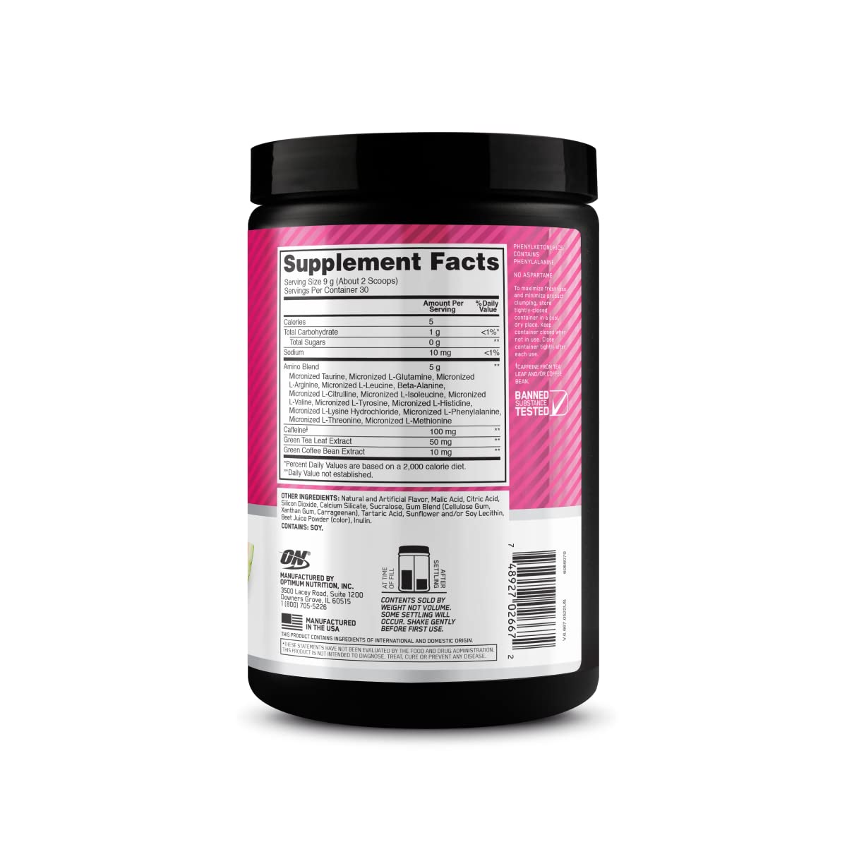 Optimum Nutrition Amino Energy Watermelon close-up showing caffeine for focus