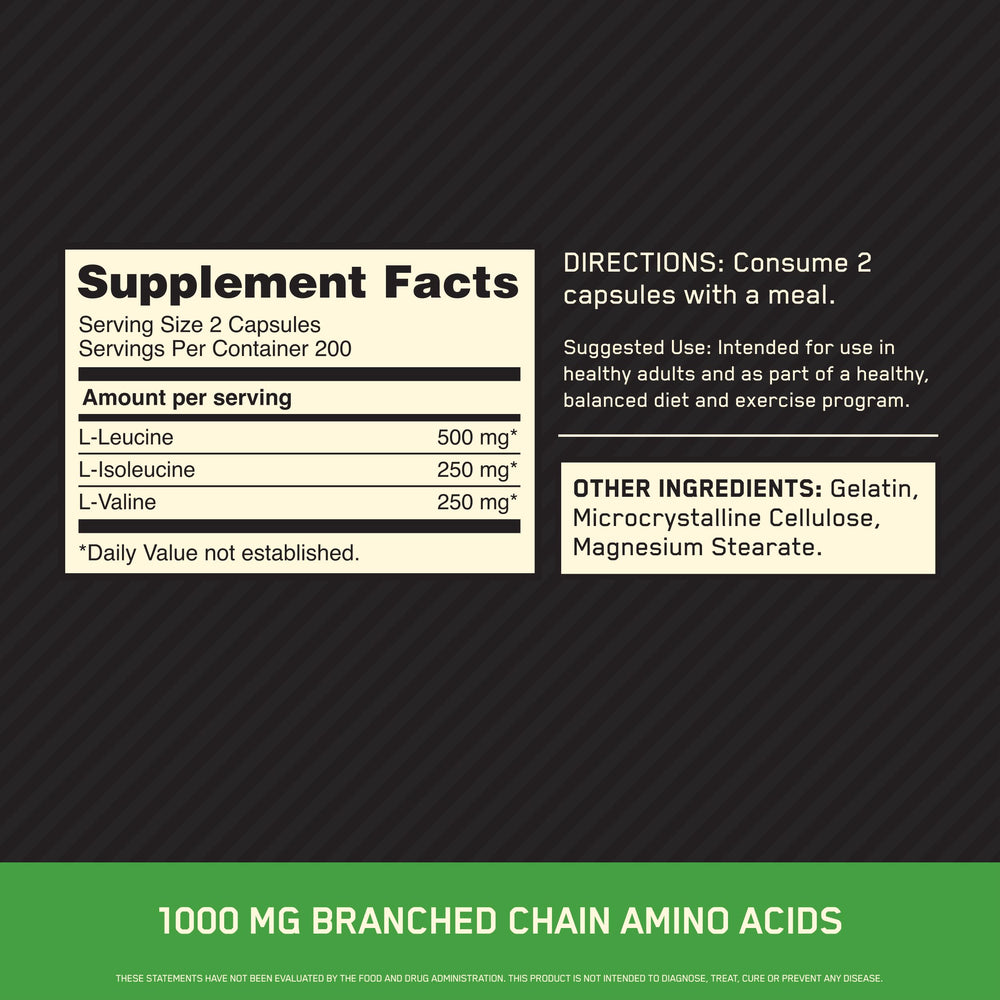 Optimum Nutrition BCAA 1000 capsules bottle back showing GMP quality and usage details.