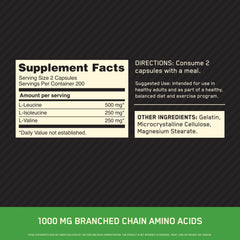 Optimum Nutrition BCAA 1000 capsules bottle back showing GMP quality and usage details.