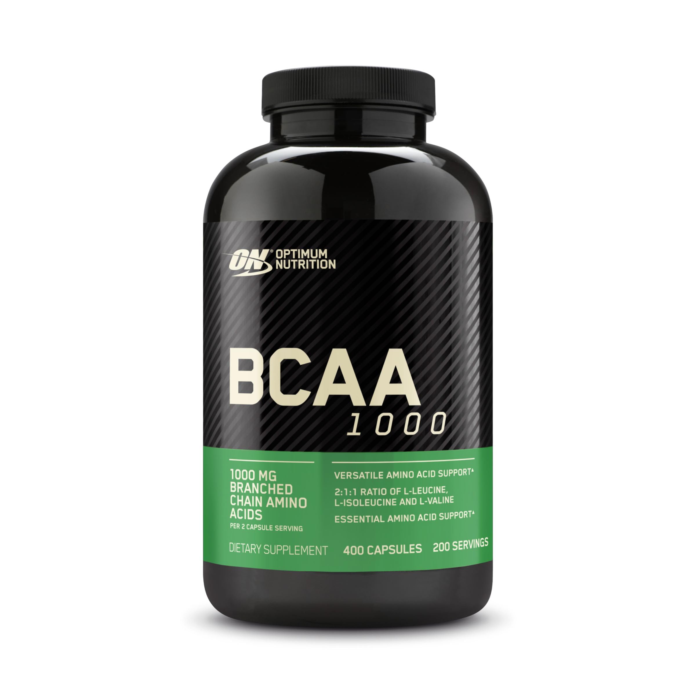 Optimum Nutrition BCAA 1000 capsules bottle front for easy post-workout support.
