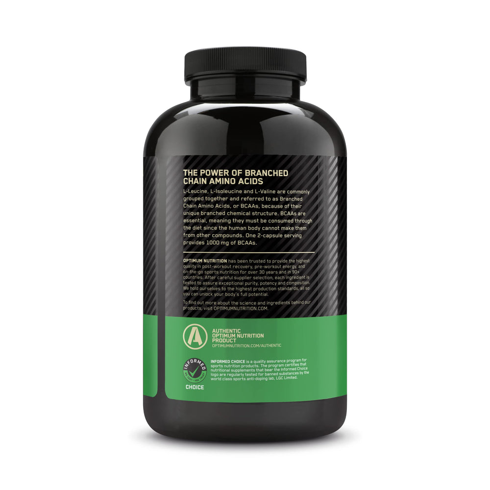Optimum Nutrition BCAA 1000 capsules in shaker bottle for pre and post workout mix.
